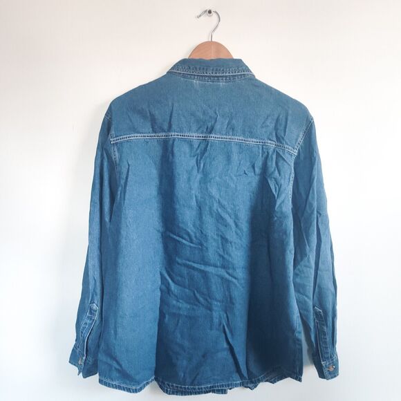 At Last & Co 14 / 16 Cotton Denim Embroidered  Shirt Button Womens Leaf Fall Vtg - Picture 3 of 10